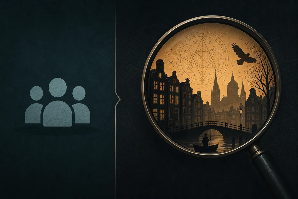Conceptual editorial illustration separating a community game tag from production evidence in an Amsterdam canal scene