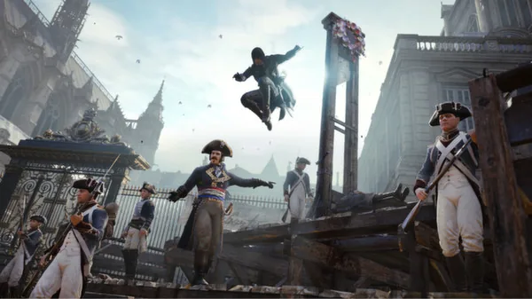 Official Assassin's Creed Unity screenshot showing rooftop movement above a historical crowd