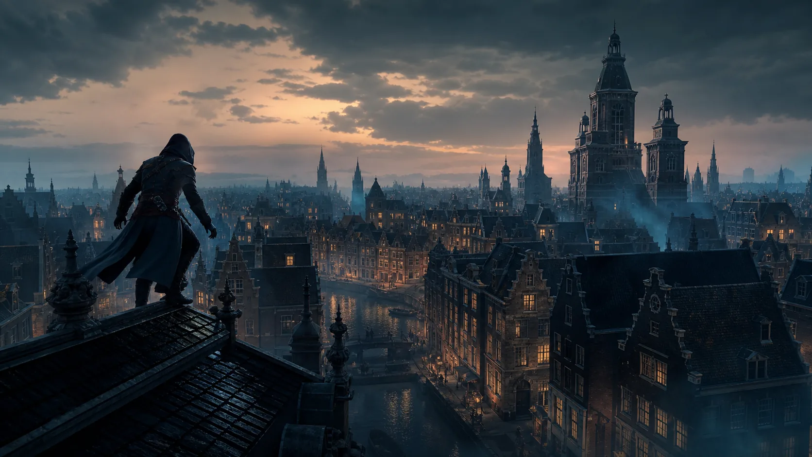 Editorial concept illustration of a stealth explorer above a historical canal city